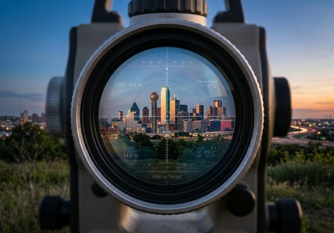 A surveying instrument at dusk, its lens framing the Dallas skyline with Reunion Tower and measurement crosshairs